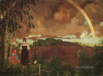 Landschaft mit zwei Bauernmädchen und einem Regenbogen Konstantin Somov Ölgemälde